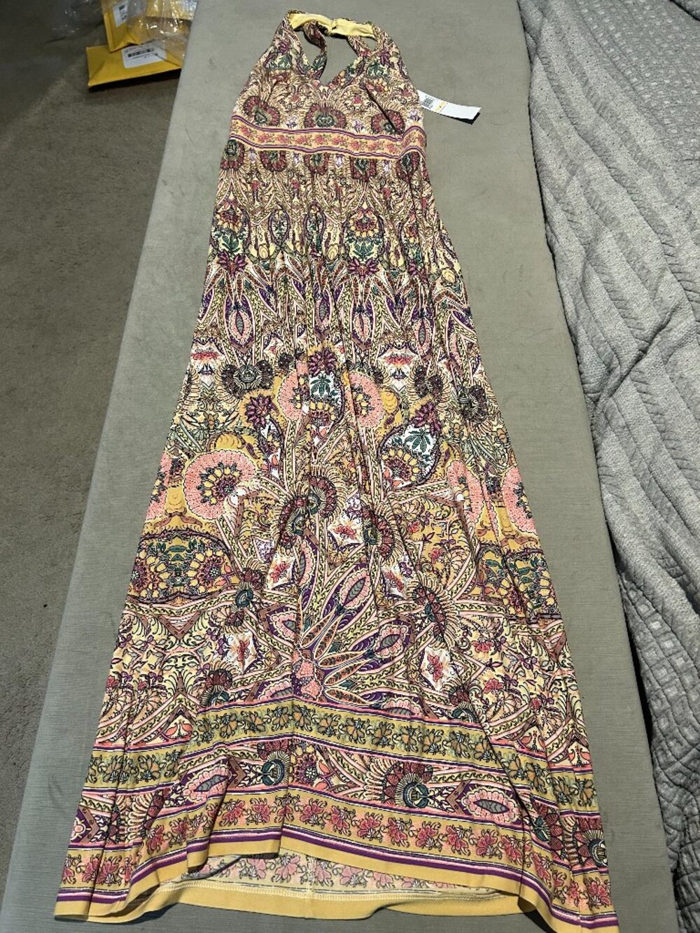 NWT LONDON TIMES Medallion Paisley Halter Maxi Dress SW Gold Yellow Size 2
